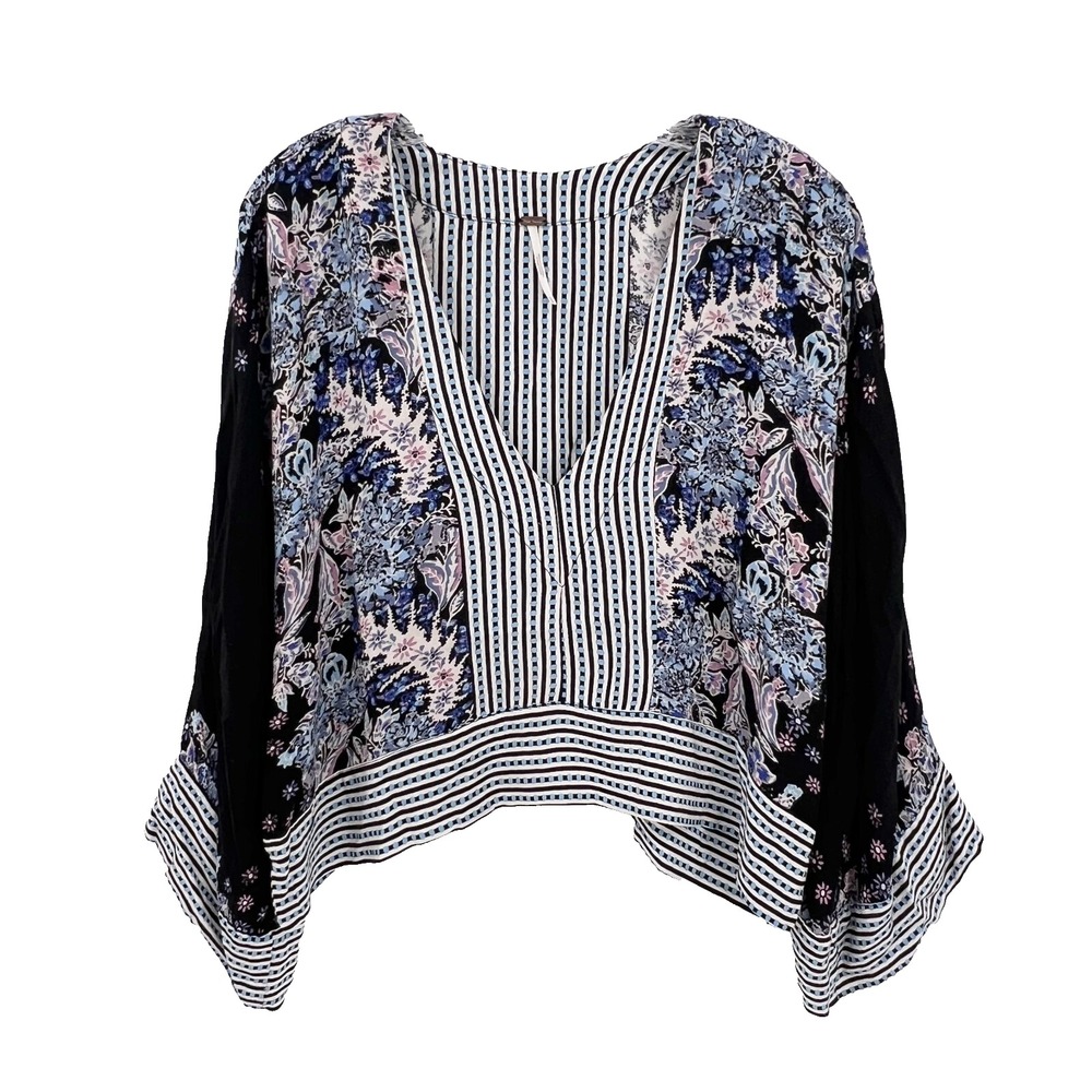 FREE PEOPLE Women's XS Mix N Match Floral/Striped Cropped V-Neck Kimono Blouse